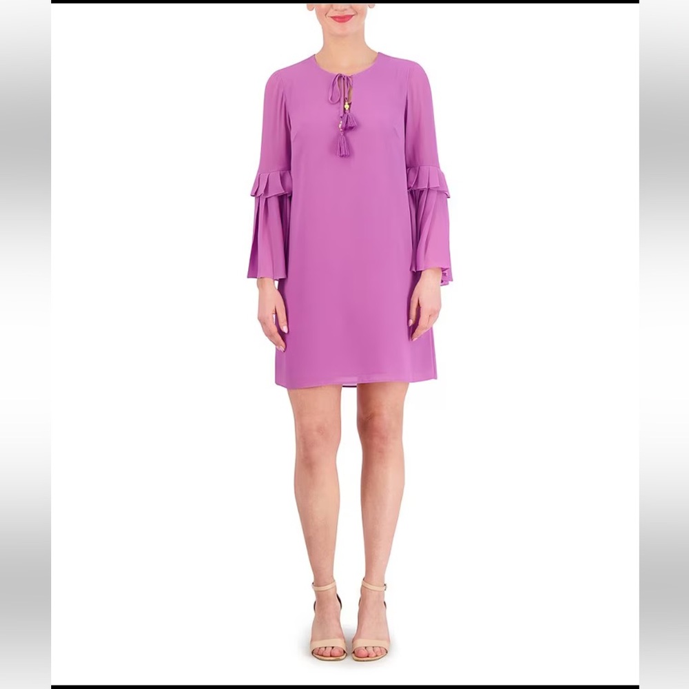 NEW Vince Camuto 3/4 Sleeve Tie Front Chiffon Float Wide Pleated Dress